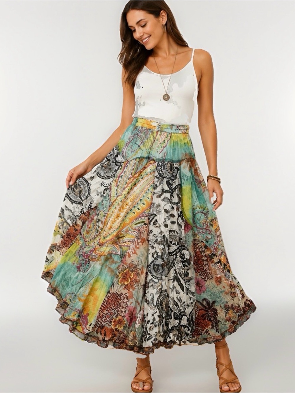 NWT Anu By Natural Maxi Skirt Large Mulit Layer Ruffle Multicolor Pull On Gypsy